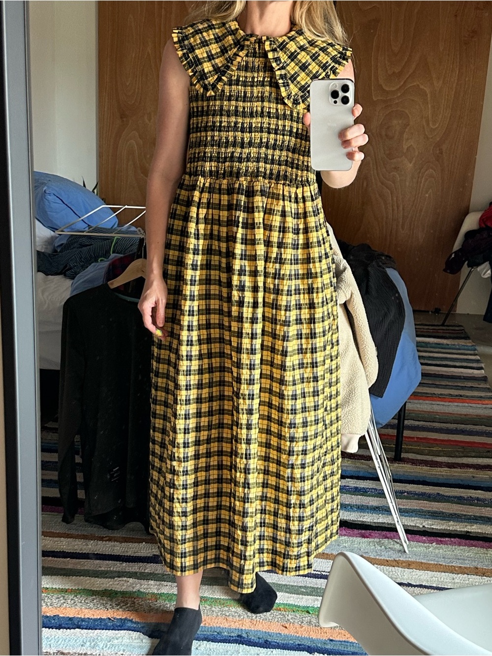 GANNI Shirred ruffle-trimmed checked cotton-blend midi dress - Picture 7 of 7